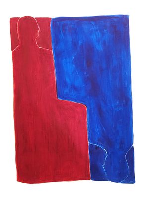 RED BLUE OPPOSITES OIL ON PAPER PAINTING. An oil on paper painting, Red Blue Opposites, by 