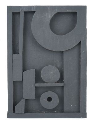 HAND PAINTED WOOD ARTWORK SIGNED LOUISE NEVELSON. A grey painted wood construction artwork 