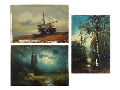 THREE RUSSIAN SCHOOL OIL LANDSCAPE PAINTINGS. A lot of three Russian school oil on cardboard 