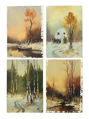 RUSSIAN OIL ON CARDBOARD WINTER LANDSCAPE PAINTINGS. A set of four Russian oil on cardboard 