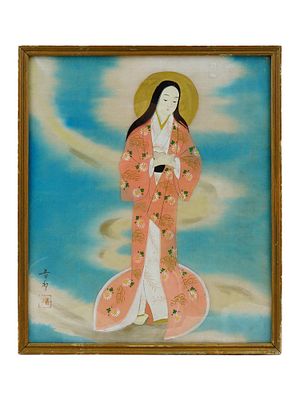 CHINESE CHRISTIAN SILK PAINTING PORTRAIT OF A SAINT. A Chinese watercolor and ink painting on 