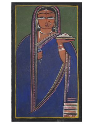 INDIAN PORTRAIT TEMPERA PAINTING AFTER JAMINI ROY. A tempera painting on board depicting a 