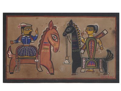 INDIAN SCENE TEMPERA PAINTING SIGNED JAMINI ROY. A tempera painting on board depicting a scene 