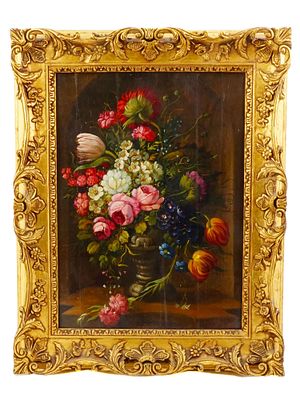 ANTIQUE EUROPEAN SCHOOL STILL LIFE OIL PAINTING. An antique European School oil painting on 