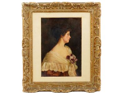 ANTIQUE AMERICAN FEMALE PORTRAIT OIL PAINTING SIGNED. Oil on canvas painting. American, late 