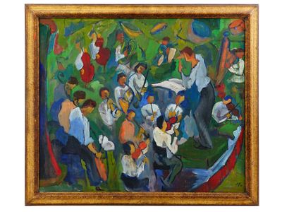 EARLY 20TH C CUBIST GENRE SCENE OIL PAINTING SIGNED. Oil on canvas painting. German, early 20th 