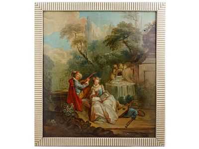 OIL PAINTING AFTER JEAN HONORE FRAGONARD SCHOOL. An oil painting on canvas depicting a gallant 