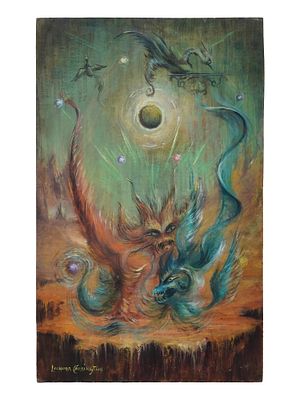 ATTR TO LEONORA CARRINGTON MEXICAN SURREALIST PAINTING. Mixed media on paper painting. 