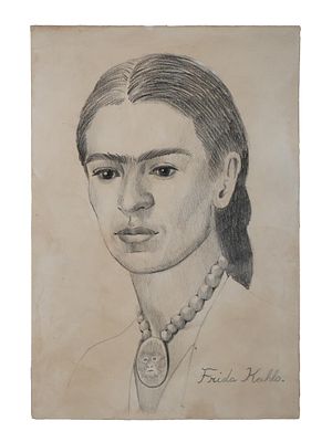 ATTR TO FRIDA KAHLO SELF PORTRAIT GRAPHITE PAINTING. Graphite on paper painting. After Frida 