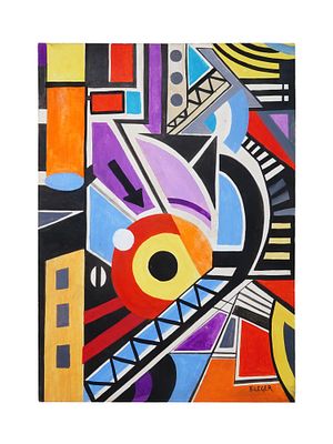 AFTER FERNAND LEGER FRENCH ABSTRACT OIL PAINTING. Oil on paper painting. In the manner of 