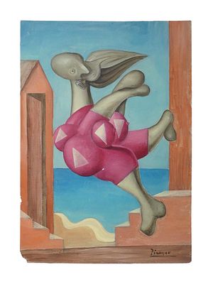 CUBIST BATHER OIL PAINTING AFTER PABLO PICASSO. An oil painting on paper depicting a Cubist 