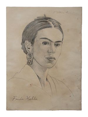 ATTR TO FRIDA KAHLO SELF PORTRAIT GRAPHITE PAINTING. Graphite on paper painting. After Frida 