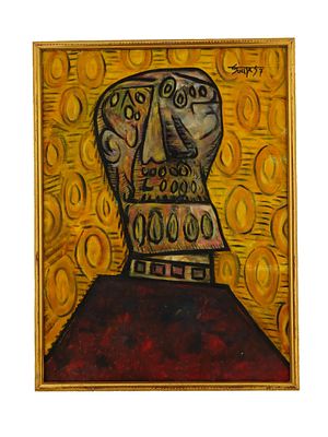 INDIAN MODERNIST PORTRAIT ACRYLIC PAINTING SIGNED. Acrylic on board painting. Indian Modernism 