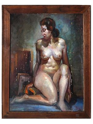 ANTIQUE 19TH C EUROPEAN NUDE FEMALE OIL PAINTING. A European school Impressionist oil on canvas 