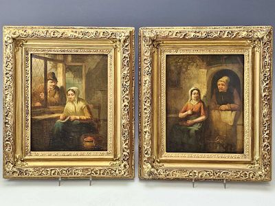 ANTIQUE 18TH CENTURY DUTCH OIL GENRE PAINTINGS SIGNED. A pair of antique Dutch oil paintings on 