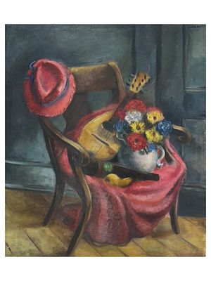 MARK GERTLER BRITISH PAINTING STILL LIFE WITH A RED HAT. Mark Gertler, British, 1891 to 1939, an 