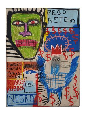 ATTR TO JEAN-MICHEL BASQUIAT MIXED PAINTING W COA. Mixed media on canvas painting attributed to 