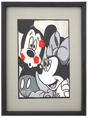 WALT DISNEY PRODUCTIONS MICKEY AND MINNIE PAINTING. Gouache on paper painting representing 