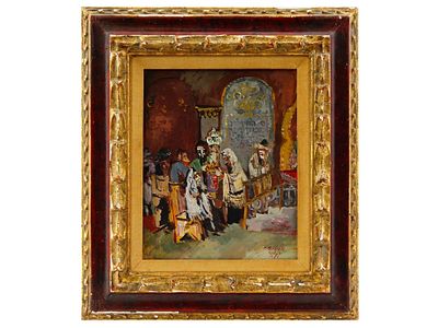 JUDAICA PAINTING BY ILYA SCHOR FIGURES IN A TEMPLE. A mid-century Judaica gouache painting on 