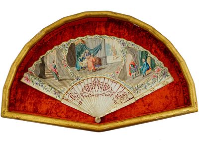 ANTIQUE FRENCH PEARL HAND PAINTED SCENES FAN FRAMED. An antique French hand painted and mother 