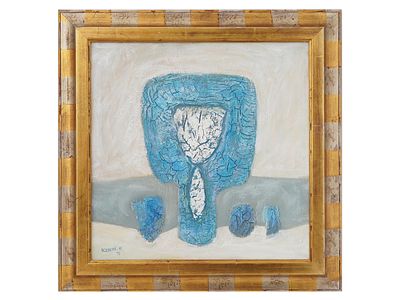 MID CENTURY MIXED MEDIA PAINTING SIGNED BY ARTIST. A mixed media painting on canvas depicting an 