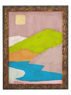 ABSTRACT LANDSCAPE OIL PAINTING SIGNED ETEL ADNAN. Etel Adnan, Lebanese, American, 1925 to 2021 