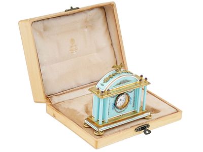RUSSIAN SILVER GUILLOCHE ENAMEL DIAMONDS CLOCK IOB. A miniature Russian silver clock decorated 