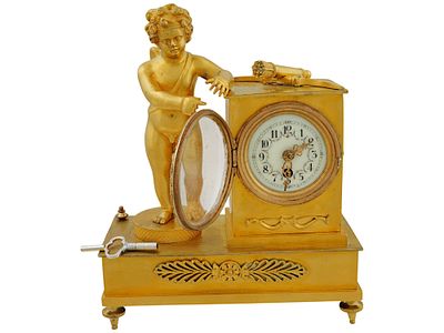 ANTIQUE 19TH CEN FRENCH GILT BRONZE CLOCK W CHERUB. An antique French 19th century gilt bronze 