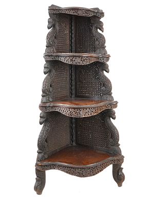 ANTIQUE 19TH C INDO PERSIAN CARVED WOOD PHOENIX ETAGERE. An antique 19th century Indo Persian 
