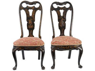 ANTIQUE 19TH C QUEEN ANNE STYLE JAPANNED SIDE CHAIRS. A pair of antique Queen Anne Style side 
