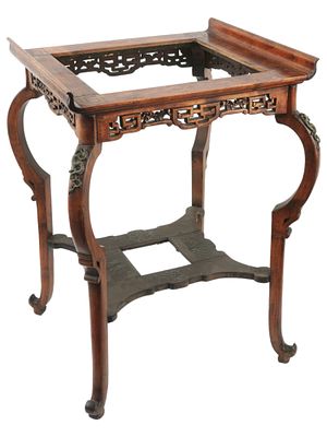 JAPANESE BRONZE DRAGON CARVED WOODEN STAND TABLE. A vintage Japanese hand carved wooden stand 