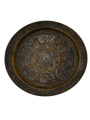 ANTIQUE PERSIAN ETCHED COPPER SERVING TRAY. Antique Persian serving tray. Late Qajar era, before 