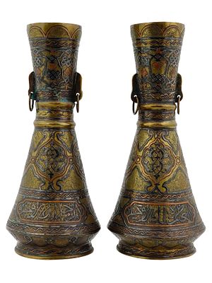 PAIR OF ANTIQUE SYRIAN ISLAMIC MIXED METAL INLAID VASES. A pair of antique Syrian Islamic mixed 
