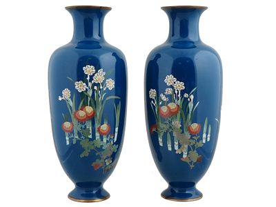 PAIR OF JAPANESE FLOWERS CLOISONNE ENAMEL VASES. A pair of Japanese enamel over copper vases. 
