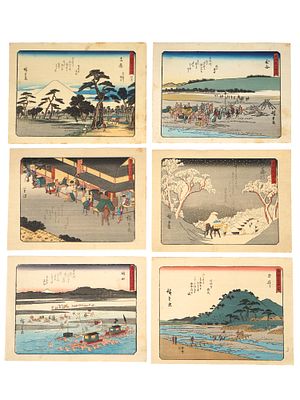 UTAGAWA HIROSHIGE JAPANESE LANDSCAPE WOODBLOCKS. A lot of six color woodblock prints. Utagawa 