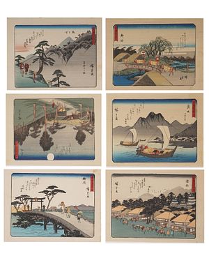 UTAGAWA HIROSHIGE JAPANESE LANDSCAPE WOODBLOCKS. A lot of six color woodblock prints. Utagawa 