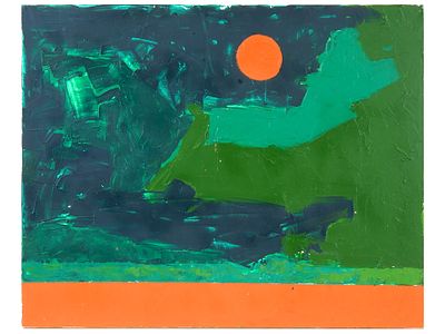 ABSTRACT LANDSCAPE OIL PAINTING SIGNED ETEL ADNAN. An oil painting on canvas, Bosphorus at Dawn 