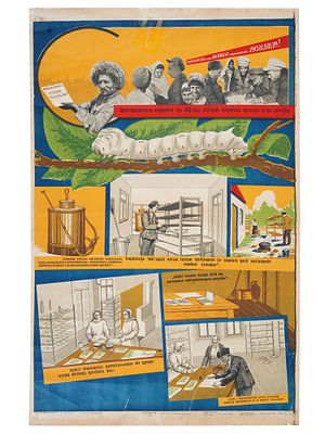 RARE AZERBAIJANI SOVIET ERA SILK MINING POSTER. A rare Russian Soviet era lithographic poster 