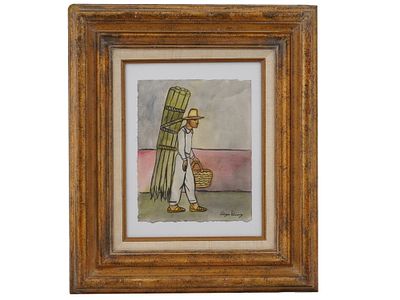 MEXICAN WATERCOLOR PAINTING SIGNED DIEGO RIVERA. A watercolor painting on paper depicting a