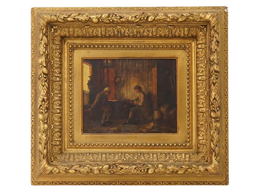 NORTH EUROPEAN SCHOOL GENRE SCENE OIL PAINTING. An antique North European School oil painting on 