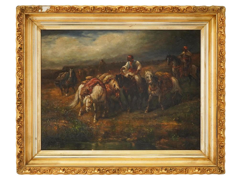 AMERICAN GENRE SCENE OIL PAINTING SIGNED R NELSON. An American oil painting on board depicting a 