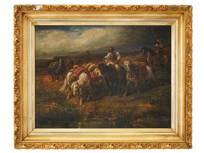 AMERICAN GENRE SCENE OIL PAINTING SIGNED R NELSON. An American oil painting on board depicting a