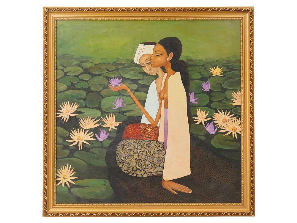 1980 MODERNIST ASIAN OIL PAINTING SIGNED SOO PIENG. An oil painting on canvas depicting a scene 