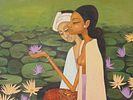 1980 MODERNIST ASIAN OIL PAINTING SIGNED SOO PIENG. An oil painting on canvas depicting a scene Image - 1