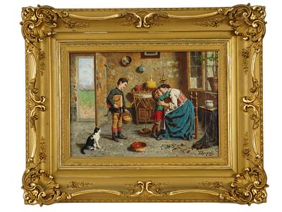 ANTIQUE ITALIAN EUGENIO ZAMPIGHI OIL GENRE PAINTING. An antique Italian oil on canvas genre