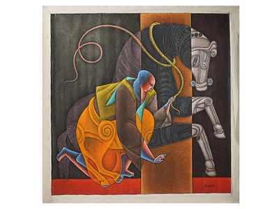MID CENTURY INDIAN SCHOOL PAINTING SIGNED SATISH GUJRAL. A mid-century Indian School painting
