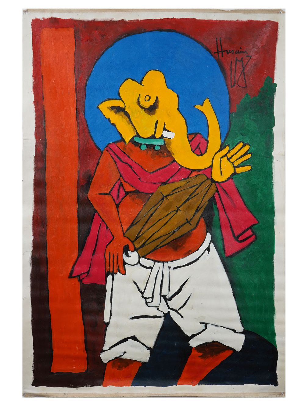 INDIAN ACRYLIC PAINTING SIGNED MAQBOOL FIDA HUSAIN. An acrylic painting on canvas depicting a 