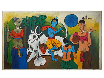 INDIAN ACRYLIC PAINTING SIGNED MAQBOOL FIDA HUSAIN. An acrylic painting on canvas depicting a