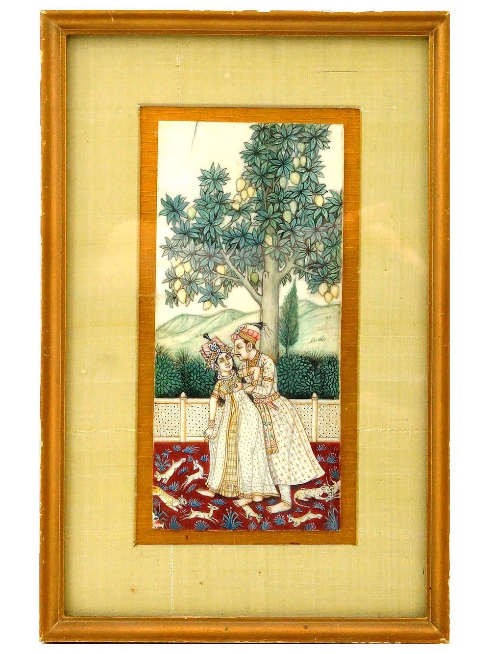 ANTIQUE 19TH C INDIAN MINIATURE PAINTING OF LOVERS. An antique Indian miniature painting. Late 
