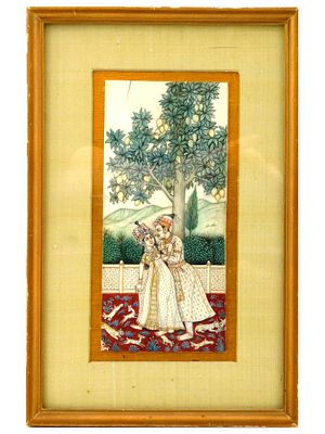 ANTIQUE 19TH C INDIAN MINIATURE PAINTING OF LOVERS. An antique Indian miniature painting. Late